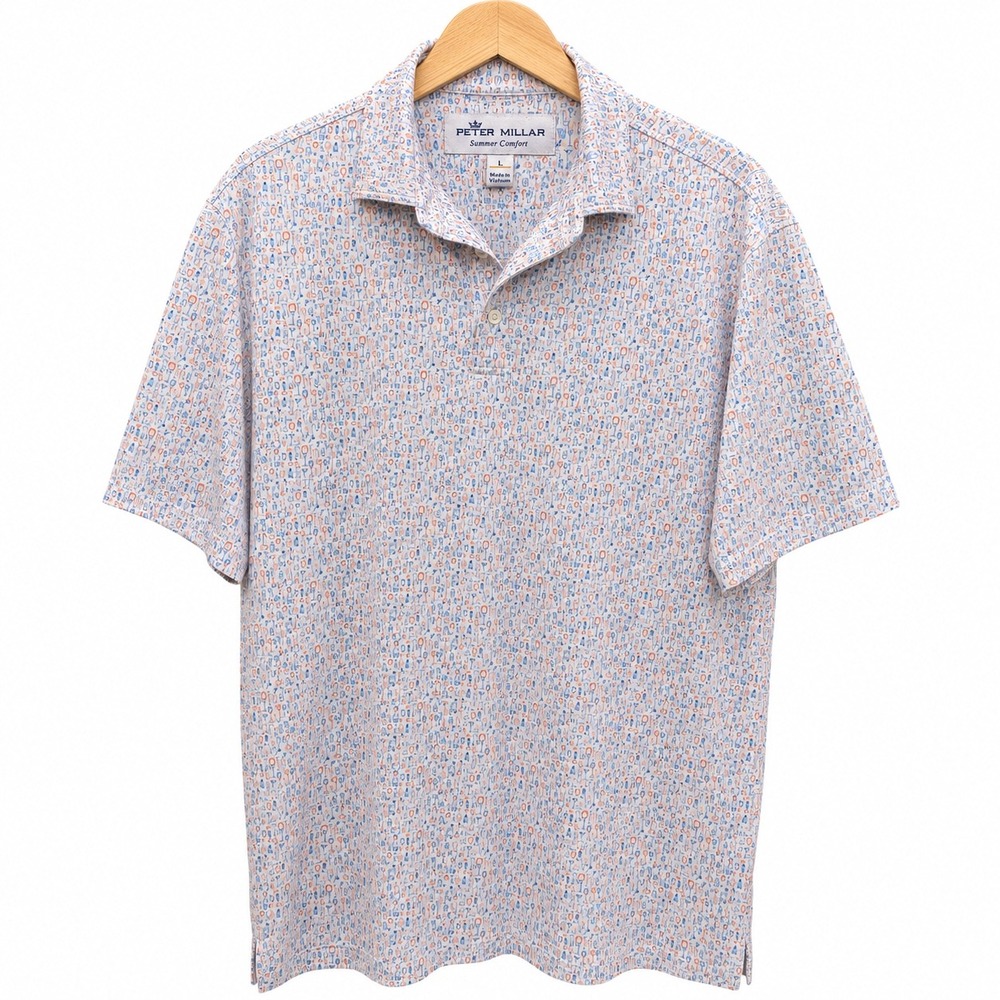 Peter Millar Summer Comfort Polo Shirt Mens L Cocktail Drinks Print Blue Orange